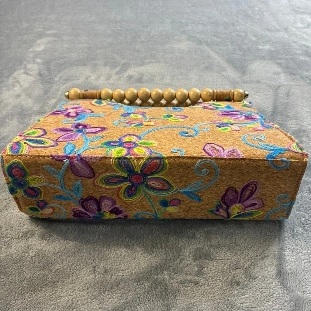 Floral Embroidered Cork Handbag Wooden Bead Top Handle Satchel Tan Multi